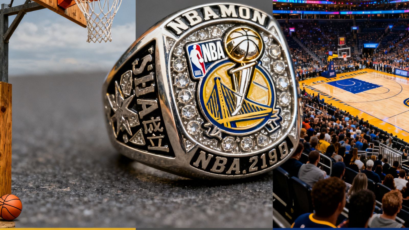 NBA总冠军戒指特写与篮球发展史时间线拼贴图，包含早期篮球筐和现代球馆对比